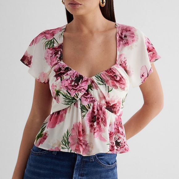 Express Floral Sweetheart Neckline Peplum Flutter Sleeve Top - Size Large - Picture 1 of 7